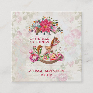 Victoriaans Rocking Horse en Poinsettia Kerstmis Vierkante Visitekaartje