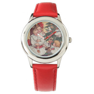 Victoriaans Rode  Kinder kerstkaart Horloge
