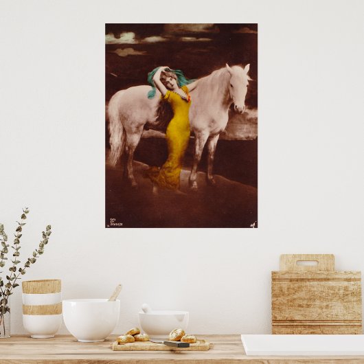 Victoriaans Romantisch meisje met witte stallion H Poster (Keuken)