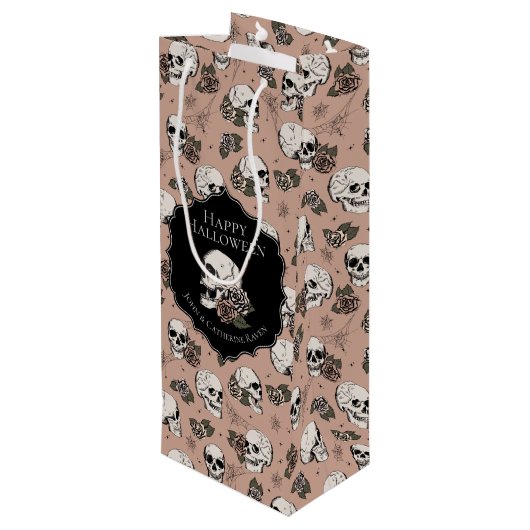 Victoriaans Roos Roze Bloemen Schedels Halloween Wijn Cadeautas (Achterkant Gekanteld)