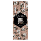 Victoriaans Roos Roze Bloemen Schedels Halloween Wijn Cadeautas (Achterkant)