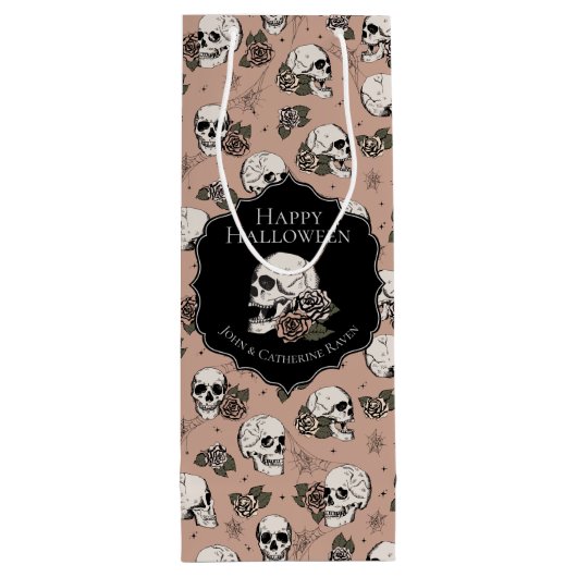 Victoriaans Roos Roze Bloemen Schedels Halloween Wijn Cadeautas (Achterkant)