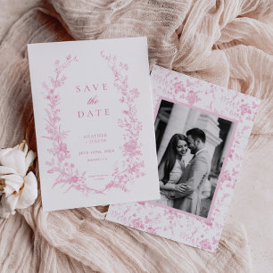 Victoriaans roze bloemig stoffig blauw bruiloft save the date