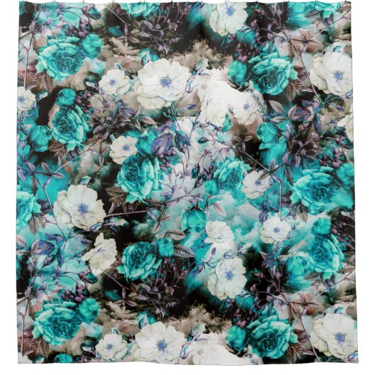 Victoriaans Rozen Floral turquoise blauwgroen zwar Douchegordijn (Voorkant)