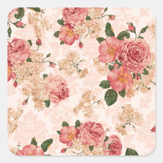  Victoriaans Rozen op Pink Damask Vierkante Sticker (Voorkant)