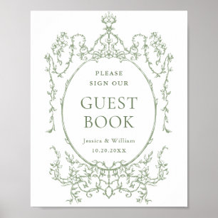 Victoriaans Sage Green Floral Guestbook Sign Poster