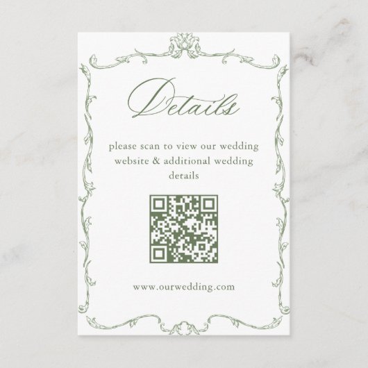 Victoriaans Sage Green Wedding Details QR-code Informatiekaartje (Voorkant)
