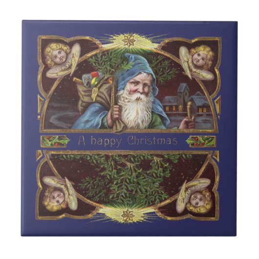 Victoriaans Santa Angels Kerst Antiek Tegeltje (Voorkant)