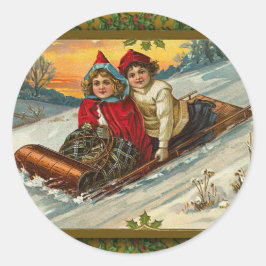  Victoriaans Sledding Illustratie op Kaarten Ronde Sticker