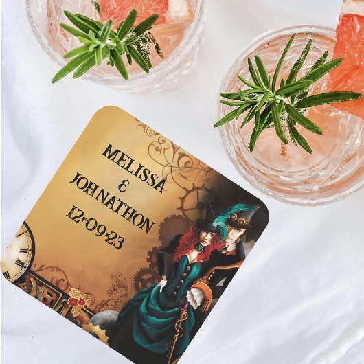 Victoriaans Steampunk Elegance bruiloft Vierkante Kartonnen Onderzetter