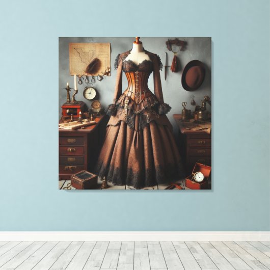 Victoriaans Steampunk Lady Detective Jurk Canvas Afdruk (Insitu (Houten vloer))