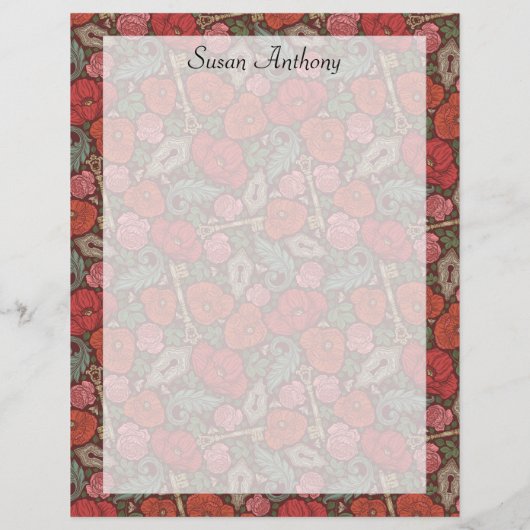 Victoriaans Steampunk Old Lock Key Red Poppies Pap (Achterkant)