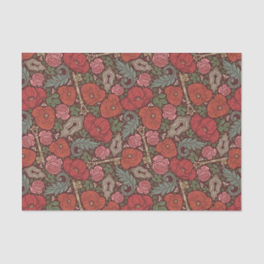 Victoriaans Steampunk Old Lock Key Red Poppies Tissuepapier (Voorkant)
