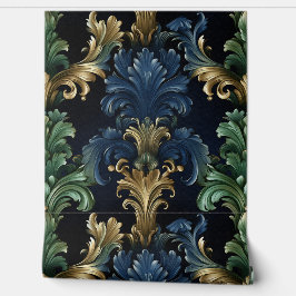 Victoriaans stijl siervormen diepblauw groen behang
