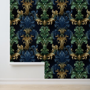 Victoriaans stijl siervormen diepblauw groen behang