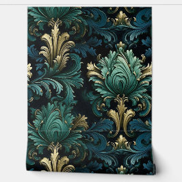Victoriaans stijl siervormen diepblauw groen behang