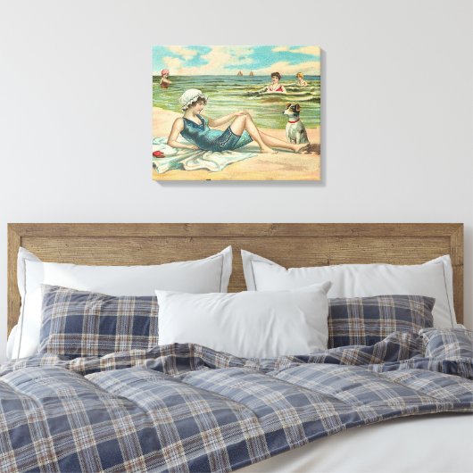 Victoriaans strand zwemmen meisje oceaan zomervaka canvas afdruk (Insitu (Slaapkamer))