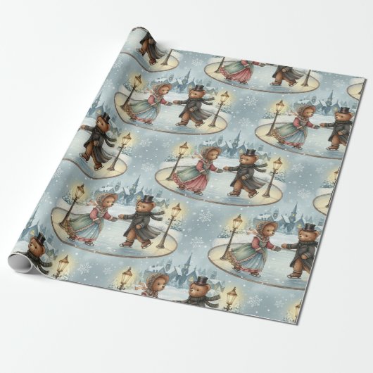 Victoriaans Teddy Bear Ice Skating Wrapping Paper Cadeaupapier (Uitgerold)