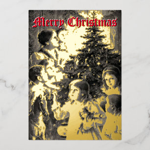 Victoriaans tijdperk 1899 Kinderen rond de kerstbo Folie Feestdagenkaart