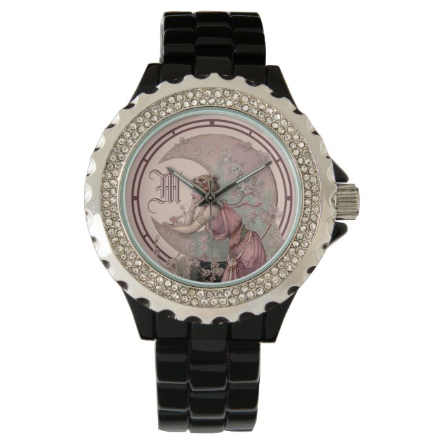 Victoriaans tijdperk Art Nouveau Vrouw & Halve Maa Horloge (Voorkant)