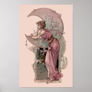 Victoriaans tijdperk Art Nouveau Vrouw & Halve Maa Poster