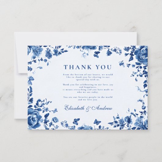 Victoriaans Toile Blauw Bloemen Huwelijk Bedankkaart (Voorkant)