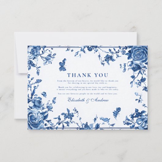 Victoriaans Toile  Blauw Bloemen Huwelijk Bedankkaart (Voorkant)
