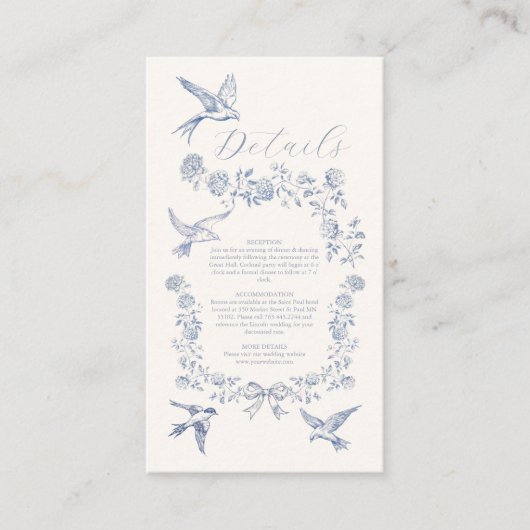 Victoriaans Toile Frans Blauw Classic Bruiloft Informatiekaartje (Voorkant)