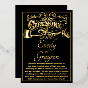 Victoriaans Typografie Elegant Black Gold Wedding Folie Uitnodiging