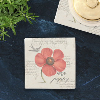 🍷 Victoriaans typografie + rode papaver Stenen Onderzetter