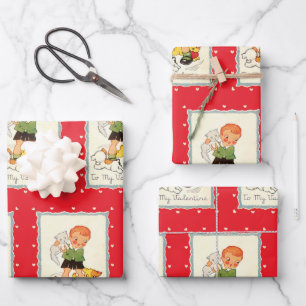 Victoriaans Valentijnsdag jongen, katten en honde Inpakpapier Vel