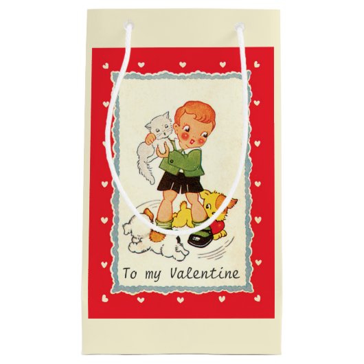  Victoriaans Valentijnsdag jongen, katten en honde Klein Cadeauzakje (Voorkant)