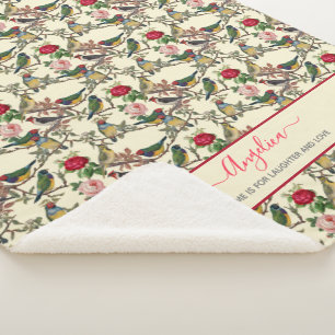 Victoriaans vogels en Rozen  stijl Rood crème Sherpa Deken