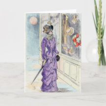 Victoriaans vrouw in Paarse jurk winkelen