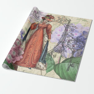 Victoriaans vrouw in rode kleurrijke Mode Cadeaupapier