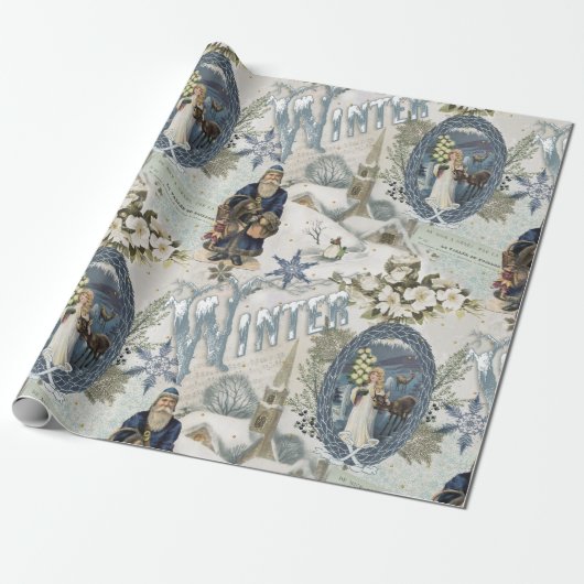 Victoriaans Winter Blues Vignet Cadeaupapier (Uitgerold)