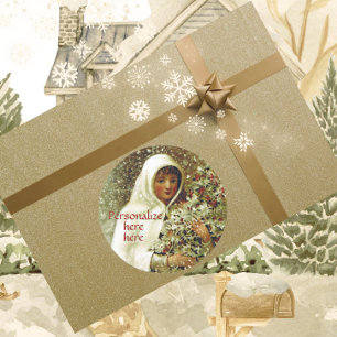 Victoriaans wintermeisje holly berry sneeuw wit gr ronde sticker