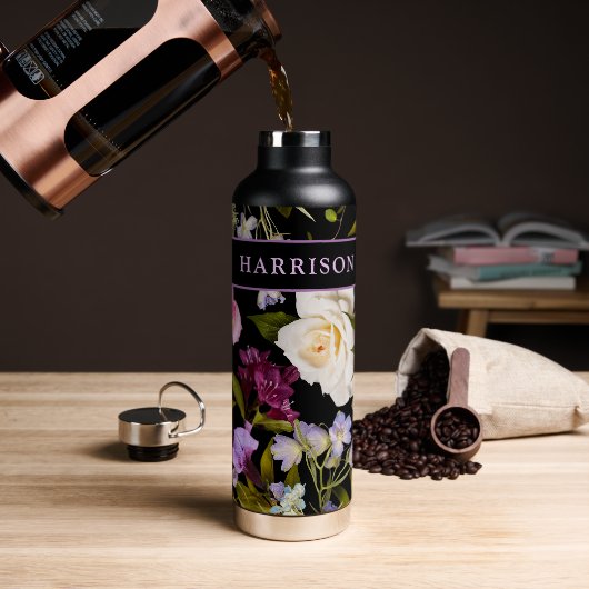 Victoriaans witte en Paarse Floral op zwart / naam Waterfles (Koffie)