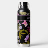 Victoriaans witte en Paarse Floral op zwart / naam Waterfles (Voorkant)