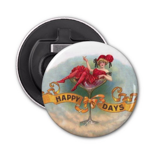 Victoriaans Woman Red Champagne Happy Button Flesopener (Voorkant)