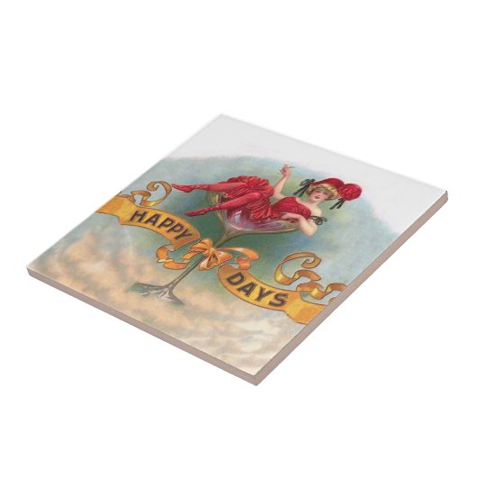 Victoriaans Woman Red Champagne Happy Tegeltje (Zijkant)