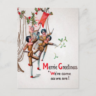  Victoriaans Wooden Dansende kerstpoppen Briefkaart