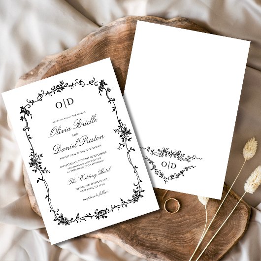 Victoriaans Zwart Wit Bloemen Huwelijk Monogram Kaart