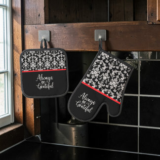 Victoriaans zwart-wit damastpatroon ovenwant & pannenlap set