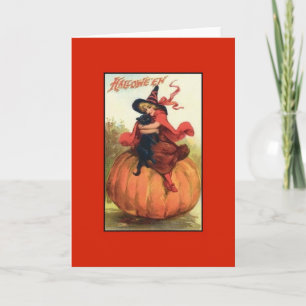 Victoriaans zwarte kat en heks Halloween Kaart