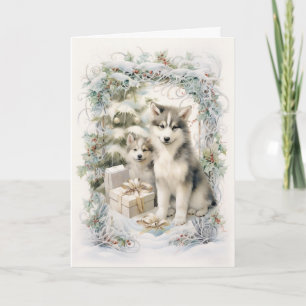 Victoriaanse Alaskaanse Malamute Puppy Kerstmis Feestdagen Kaart