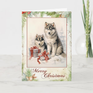 Victoriaanse Alaskaanse Malamute Puppy Kerstmis Feestdagen Kaart