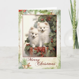 Victoriaanse Amerikaanse Eskimo Puppy Kerstmis Feestdagen Kaart