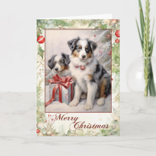 Victoriaanse Blauwe Merle Aussie Puppy Kerstmis Feestdagen Kaart
