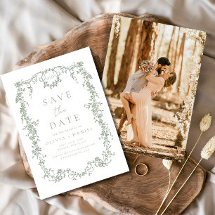 Victoriaanse Bloem Sage Groene Foto Franse Trouwda Save The Date